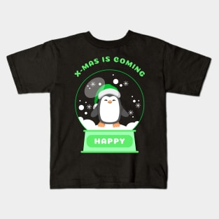 Xmas is Coming Happy Penguin (Green) Kids T-Shirt